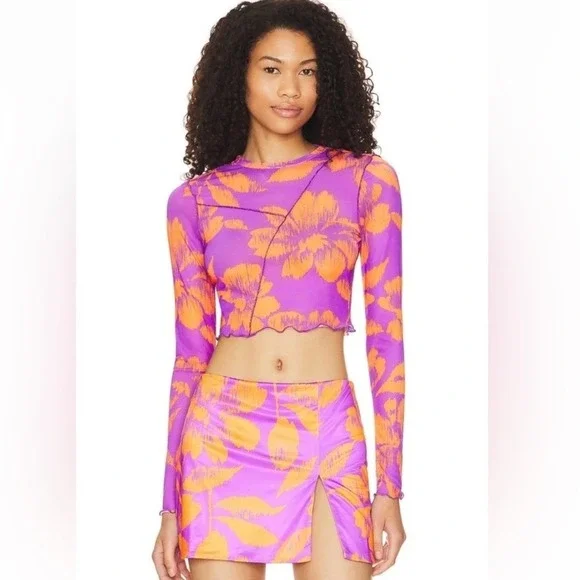 AFRM Women Tropical Floral Mesh 2 Piece Set Crop Top Mini Skirt Size Medium - Picture 1 of 7